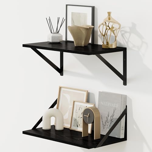 Fun Memories Deep Floating Shelves for Wall, 16W x 8D Wall Mounted Shelves Set of 2, Wide Display Ledge Shelf with Sturdy Metal Brackets for Living Room, Bathroom, Bedroom and Kitchen, Black - color: A-black, size: 16"w x 8"d
