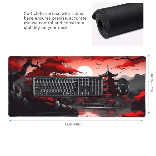 Large Gaming Mouse Pad, Red Japanese Pagoda Design with Cherry Blossoms, 35.4x15.7 Inches, Non-Slip Rubber Base, Stitched Edges, Desk Mat for Gaming and Office - color: Red Tower