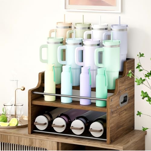 4-Tier Wood Display Shelf Wine Rack for 16 Bottles Wood Coffee Syrup Organizer with Handles Home Whiskey Shelf Retro Mini Liquor Cabinet Spice Rack Coffee Bar Shelves, Walnut - color: Walnut