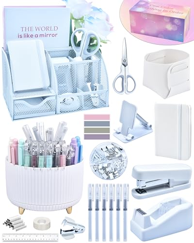 LXEVIHK 20Pcs White Desk Organizers and Accessories With Mesh Desk Organizer and 360°Rotating Pen Holder and a Lot of Office White Office Supplies Beautifully Presented in a Gift Box - color: white