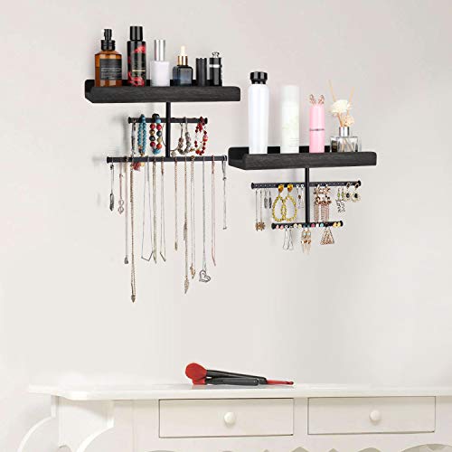 Keebofly Hanging Wall Mounted Jewelry Organizer with Rustic Wood Jewelry Holder Display for Necklaces Bracelet Earrings Ring Set of 2 Black,[Patented] - color: Black