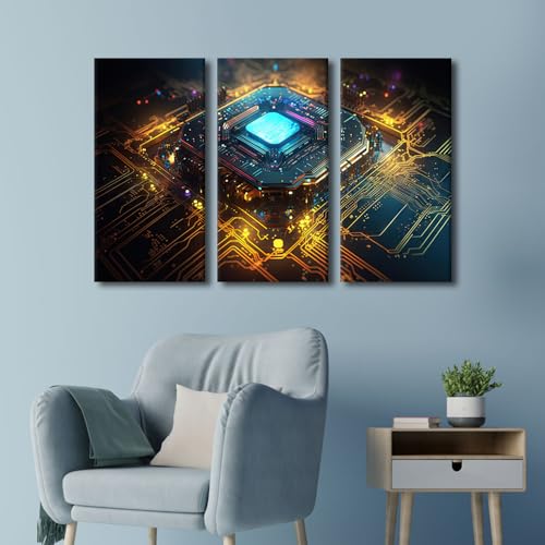 3 Panels Computer Chip Wall Art for Living Room Microchip Processor Framed Wall Art CPU Concept Wall Decor for Bedroom Modern Artwork Posters and Prints Framed Ready to Hang (36"Wx24"H) - color: Artwork-05, size: 36"Wx24"H