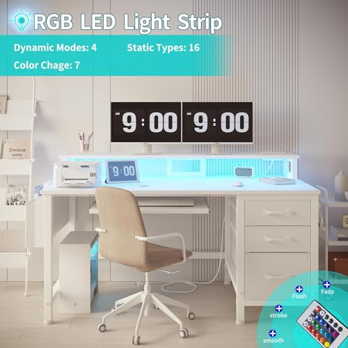 Lufeiya Gaming Desk with LED Lights and Power Outlets, 47 Inch Home Office Desks with Keyboard Tray, White Computer Desk with File Drawers Cabinet, Writing Table PC Desks with Monitor Stand, White - color: White