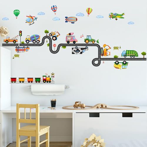 Large Transports & Road Wall Stickers, Construction Vehicles Airplanes Train Peel and Stick Wall Decals, Baby Room Nursery Kids Bedroom Art Wall Decor - color: B