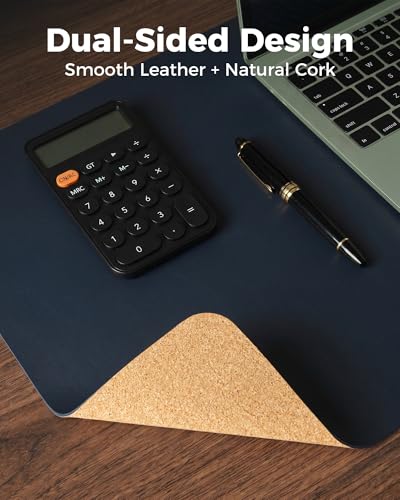 Aothia Dual-Sided Desk Mat, FSC Cork & PU Leather Desk Pad, Large Mouse Pad & Writing Surface for Compact Workspace, Non-Slip Waterproof Desk Protector - 25.6" x 13.7", Dark Blue - color: Dark Blue+cork, size: 25.6" x 13.7"