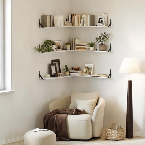 WOPITUES Floating Shelves for Wall 40″W x 8″D, Long Wall Mounted Shelves Set of 3, Wood Book Shelves Decor, Farmhouse Display Shelf for Bedroom, Living Room, Laundry Room, Kitchen, Bathroom, White