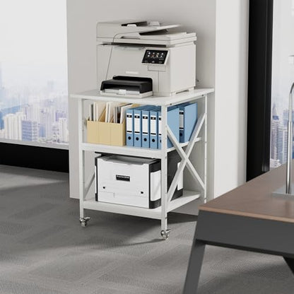 3 Tier Printer Stand, Large Table with Wheels, Rolling Cart with Height Adjustable Middle Storage Shelf, 23.6 x 23.6 x 30.3 Inches Shelf for Home Office, White - color: White