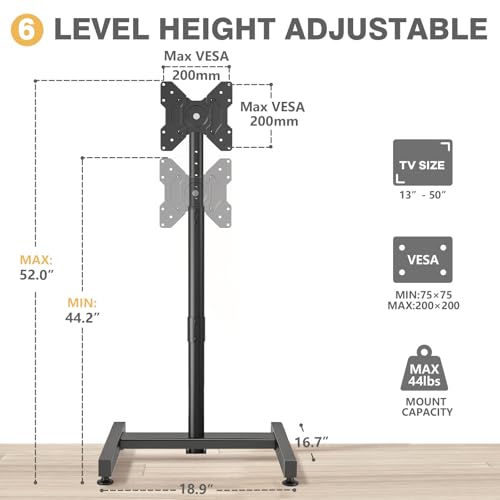 TVON TV Floor Stand for 13-50 inch LCD LED Flat/Curved Panel Screen TVs up to 44 lbs, Height Adjustable TV Stand Mount with VESA 200x200, Portable TV Stand for Bedroom, Dorm Room, Office - size: 13-50 inch TVs, 44 lbs capacity