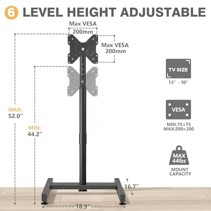TVON TV Floor Stand for 13-50 inch LCD LED Flat/Curved Panel Screen TVs up to 44 lbs, Height Adjustable TV Stand Mount with VESA 200x200, Portable TV Stand for Bedroom, Dorm Room, Office - size: 13-50 inch TVs, 44 lbs capacity