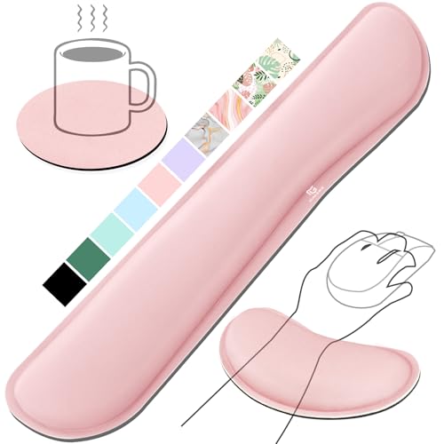 Gimars Upgrade Cleanable PU Leather Keyboard Wrist Pillow Rest Pad, Enlarge Mouse Wrist Cushion Support for Office, Computer, Laptop, Mac, Durable, Comfortable, Pain Relief, Pink - color: Pink, size: 3-piece set (keyboard rest+mouse rest+coaster)