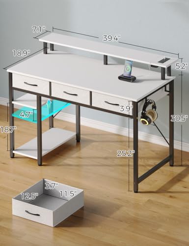 Rolanstar Computer Desk with Power Outlets & LED Light, 39 inch Home Office Desk with 3 Drawers and Storage Shelves, Writing Desk with Monitor Stand, Work Desk for Home Office,White - size: 39inch