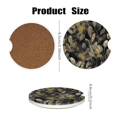 Car Cup Holder Coasters, 2 Pcs Ceramic Coasters with Finger Slot and Cork Back, Anti-Slip Shock Absorbing Women and Men Universal Car Accessories - Golden Powder Leaves - color: Golden Powder Leaves