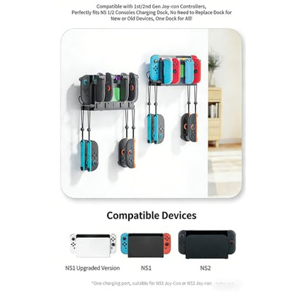 Wall Mount Organizer Charging Station for Nintendo Switch 2/1, 4 in 1 Magnetic Joycon Charging Dock with 6 RGB Light Modes