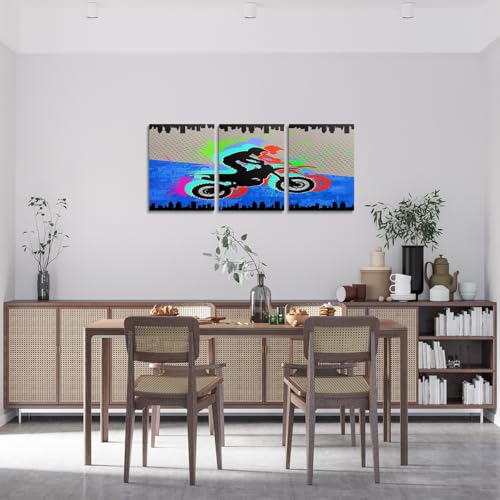 Feelyou Boys Dirt Bike Racing 3 Piece Canvas Wall Art for Living Room Extreme Sports Motorcycle Wall Decor for Bedroom Office Racing Motocross Rider Ready to Hang Pictures Home Decor 3 pcs 12x16 Inch - color: Blue and Black