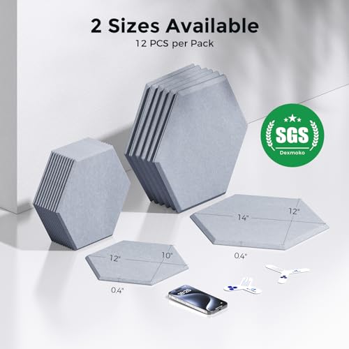 Self-Adhesive Acoustic Panels [390 lbs/yd³ Ultra-High Density], 2nd Generation Sound Absorbing Panel, Professional Level Sound Panel, Polyester Soundproof Foam [Medium Hexagon, Cloud Grey] - color: Cloud Grey, size: Medium Hexagon (12''x10''x0.4'')