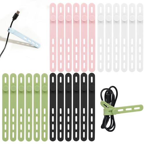Donruby 24Pcs Silicone Cable Ties - Reusable & Washable with Locking Buckles, Adjustable Fastening Cable Management Straps, Multi-Purpose High Elasticity Cord Organizer (4 Colors) - color: Black/White/Pink/Green