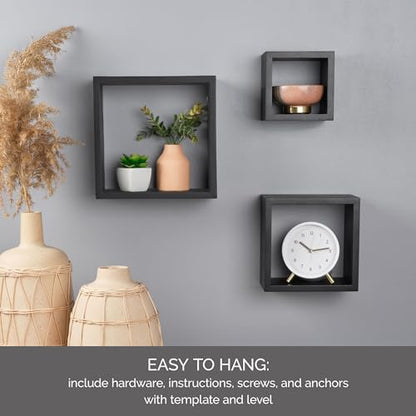 MELANNCO Floating Wall Square Cube Shelves for Bedroom, Living Room, Bathroom, Kitchen - Wood, Set of 3, Black (Pack of 4) - color: Black, size: Set of 3 (Pack of 4)