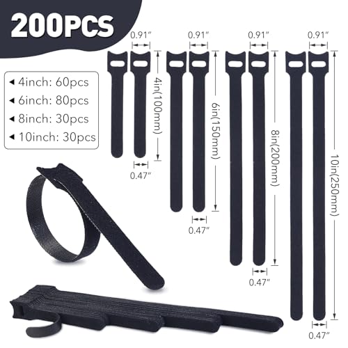 MVYC 200PCS Reusable Cable Ties Wire Ties Cord Organizer Cable Organizer Adjustable Cable Management Black 4+6+8+10 inch - size: 4+6+8+10 Inch (Black)