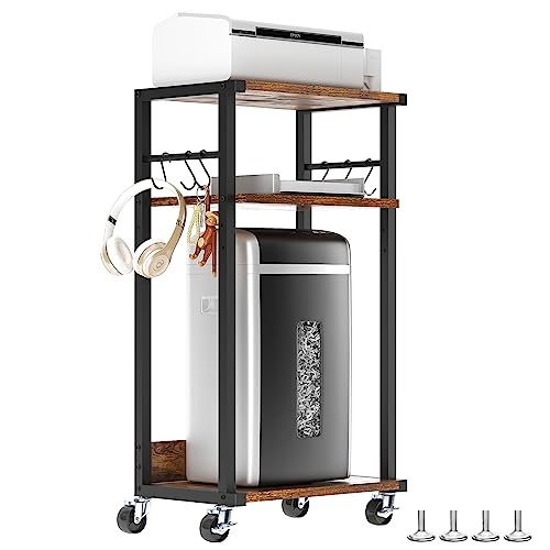 YMYNY Mobile Printer Stand, 3-Tier Printer Cart with Adjustable Storage Shelf and 6 S-Hooks, Tall Printer Table for Home Office, for Computer Tower Stand, Shredder, CPU Stand, Rustic Brown, UHPT002H - color: Rustic Brown-3 Tiers
