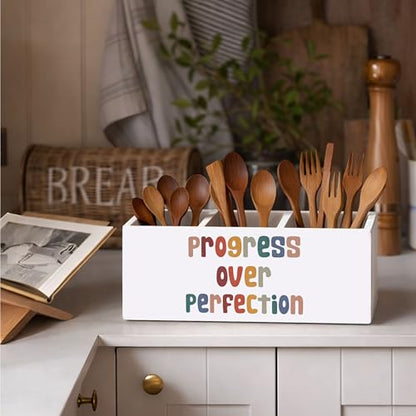 Progress Over Perfection Wooden Pen Holder | Motivational “Progress Over Perfection” design; 3-compartment wooden pencil caddy for office, home, or classroom desk. - color: Progress Over Perfection