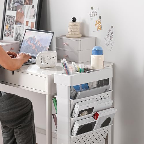 White Rolling Office Paper Organizer, Mobile Book Cart Document Folder File Storage with Pen Holder, Slim Rolling Storage Cart Movable Bookshelf for Office, Dorm, Classroom, Nursery - color: White