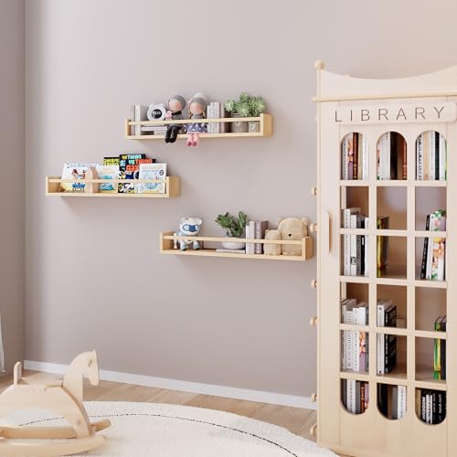Fixwal Nursery Book Shelves, 23.6 Inch Floating Bookshelves for Wall Set of 3, Baby Nursery Decor, Solid Wood Wall Mounted Shelves for Books, Toys and Decor Storage (Natural Wood) - color: Natural, size: 23.6inches