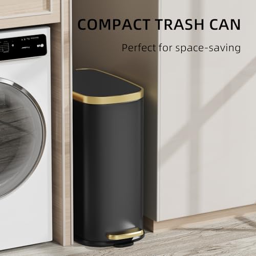 KUK Small Bathroom Trash Can with Lid Soft Close, Step Pedal, 2.6 Gal Stainless Steel Garbage Can with Removable Inner Bucket, Anti-Fingerprint Wastebasket for Office, Bedroom, Toilet (Black) - color: Matt Black-J-P