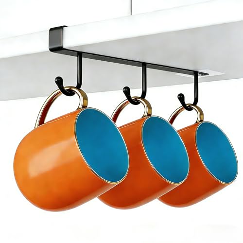 Black Clip-On Under Cabinet Mug Holder with 3 Storage Hooks | Fits boards ≤0.9", rustproof, holds mugs, utensils, scarves for kitchen RV storage - color: Black