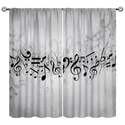Music Notes Curtain, Musical Notes Rhythm of The Song Curtain Black and White Singing Clef Ornamental Window Treatments for Bedroom Living Room Home 42" W X 45" L - color: Music-6, size: 21"W x 45"L (Pack of 2)