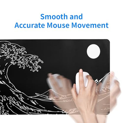 Japanese Sea Wave Gaming Mouse Pad 27.6x11.8 Inch Anime Black Large Mousepad Extended Kanagawa Mousepad Gaming Non-Slip Rubber Base Stitched Edges Keyboard Mouse Mat Desk Pad for Office Home Game - color: Black Wave of Kanagawa