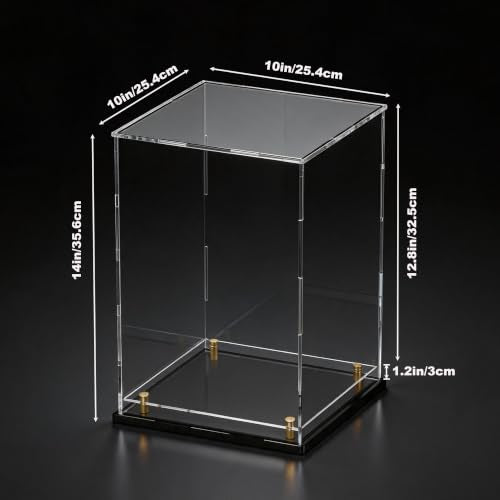 Acrylic Display Case for Collectibles, Dustproof Acrylic Box with Clear Display Elevation & Gold Risers, Large Display Case for Figures Toys Memorabilia, 10" L x 10" W x 14" H - size: 10"L x 10"W x 14"H