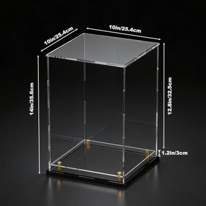 Acrylic Display Case for Collectibles, Dustproof Acrylic Box with Clear Display Elevation & Gold Risers, Large Display Case for Figures Toys Memorabilia, 10" L x 10" W x 14" H - size: 10"L x 10"W x 14"H
