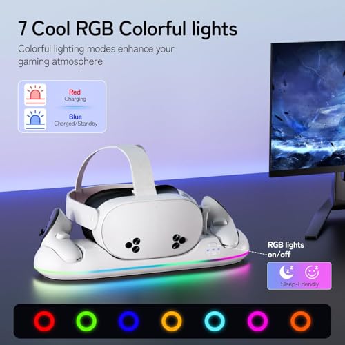 GearSpire Charging Dock Station for Quest 2/3/3S, White RGB LED Stand with USB-C Fast Charging, Controller Charger, VR Headset Accessories