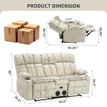 Loveseat Recliner Sofa with Massage & Heat, Flip Backrest, Reclining Loveseat with Console, Bluetooth Speaker, USB/Outlet/Storage/Cup Holder/Side Pocket, RV Sofa, Home Theater Seating, Beige - color: Beige, size: Loveseat with Console
