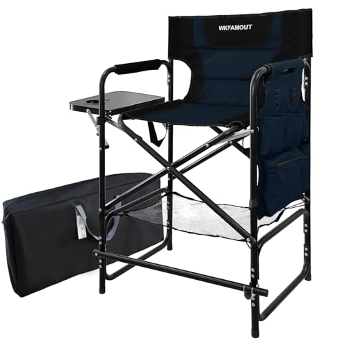 Tall Folding Directors Chair with Side Table 26.77" Seat Height Foldable Camping Chair Bar Stool for Makeup Artist Face Painting with Footrest and Storage Pocket Supports 350LBS - color: Navy, size: 26.77" Seat Height