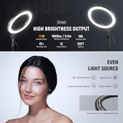 NEEWER 10" 20W LED Ring Light with Desk Stand Phone Holder for iPhone Laptop, Bi Color 2900K-7000K, USB C PD Input, CRI97+ 1660LX/0.5m, Selfie Makeup TikTok Recording Video Conference Lighting, RH10B - color: Black, size: 10"