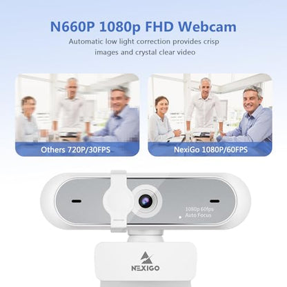 NexiGo N660P (Gen 2) 1080P 60FPS Webcam with Software Control, Dual Microphone & Cover, Autofocus, HD USB Computer Web Camera, for OBS/Zoom/Skype/FaceTime/Teams/Twitch, White - style: 1080P 60FPS Webcam