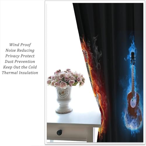 Guitar Curtains, Fire Burning Electric Guitar Rock Music Theme Window Curtains Drapes for Bedroom Living Room Home 42" W X 45" L(No Blackout) - color: Musical-1, size: 20.5"W x 45"L (Pack of 2)