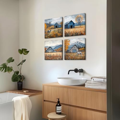 Farmhouse Wall Art Rustic Fall Kitchen Decor Country Windmill Barn Landscape Canvas Prints Pictures Western Farm Animal Horse Paintings Artwork Living Room Dining Room Home Decorations 12x12" 4Pcs - color: Fall Farmhouse, size: 12 x 12 in