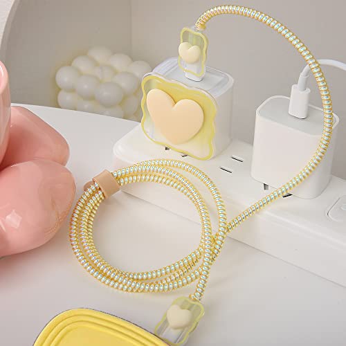 Compatible with iPhone 18W/20W USB-C Charger Cover Lovely 3D Love Heart Waves Clear Soft Charger Protector Cute Cable Saver for iPhone 11 12 13 14 Pro Max Fast Power Adapter, Beige 1 (5in1) - color: Beige 1 (5 in 1)