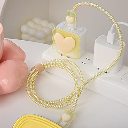 Compatible with iPhone 18W/20W USB-C Charger Cover Lovely 3D Love Heart Waves Clear Soft Charger Protector Cute Cable Saver for iPhone 11 12 13 14 Pro Max Fast Power Adapter, Beige 1 (5in1) - color: Beige 1 (5 in 1)