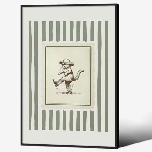 Funny Western Cowboy Cat Wall Art Whimsical Cute Animal Poster Vintage Sage Green Striped Canvas Prints 16x24 inch Black Framed for Living Room Bedroom Nursery Wall Decor - color: green-4, size: 24"L x 16"W, style: Framed