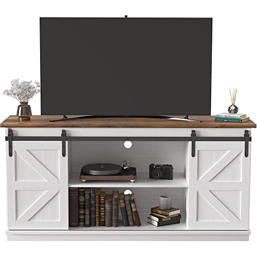JUMMICO TV Stand for 65 Inch TV, Entertainment Center with Storage Cabinets and Sliding Barn Doors, Mid Century Modern Media TV Console Table for Living Room Bedroom (Bright White) - color: Bright White, size: Modern