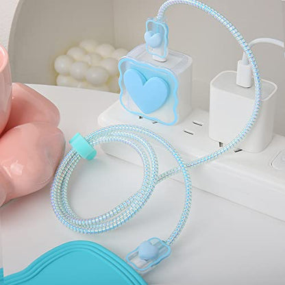 Compatible with iPhone 18W/20W USB-C Charger Cover Lovely 3D Love Heart Waves Clear Soft Charger Protector Cute Cable Saver for iPhone 11 12 13 14 Pro Max Fast Power Adapter, Blue 1 (5in1) - color: Blue 1 (5 in 1)