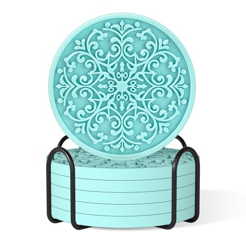 Drink Coasters, Coasters Set of 6 for Cup with Holder, Non-Slip Silicone Cup Mats for Hot and Cold Drinks, Cute Absorbent Coffee Bar Accessories Table Decor, Lake Blue - color: Lake Blue
