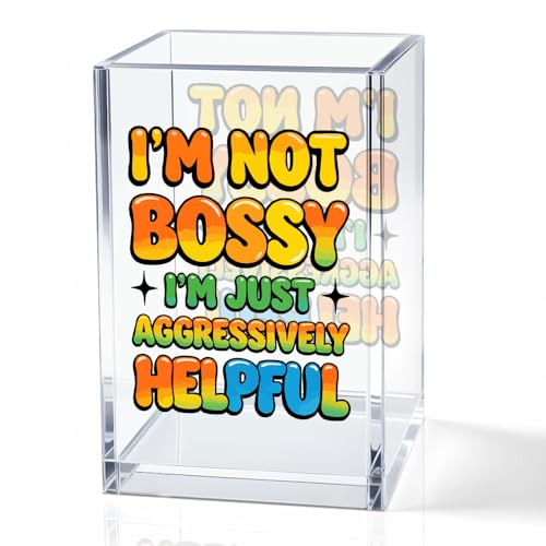 I'm Not Bossy I'm Just Aggressively Helpful Acrylic Pencil Holder Cup, Pen Holder for Home Office Desk Accessories for Women Leader Nurse Manager Boss, Funny Sarcastic Pen Organizer Work Gifts - color: orange & blue