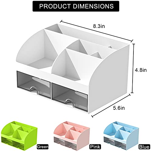 COMFYROOM Desk Organizer with 6 Compartments and 2 Drawers, Plastic Makeup Organizer, Pen Holder for Desktop Storage, Desk Organization for School, Home, Office Supplies (White) - color: White