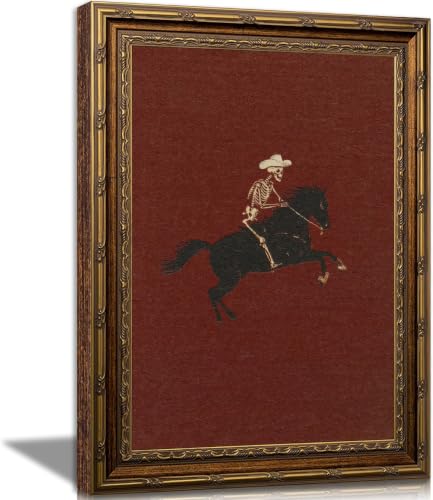 Electrilucn Gold Framed Vintage Skeleton Cowboy Riding Horse Canvas Wall Art Poster Black Horse Painting Picture Rustic Gothic Western Cowboy Halloween Wall Decor for Living Room Bedroom 16x24in - color: Skeleton Horse, size: 24"L x 16"W