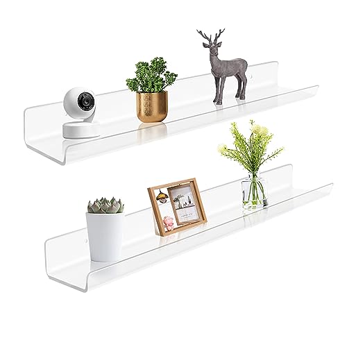 ROYALITA 24 Inches Acrylic Floating Book Shelves Wall Mounted Set of 2, Wall Hanging Plant Display Shelves, Room Decor Floating Wall Shelves for Gaming Room, Bedroom, Living Room, Office, Clear - color: Clear, size: 24 Inch