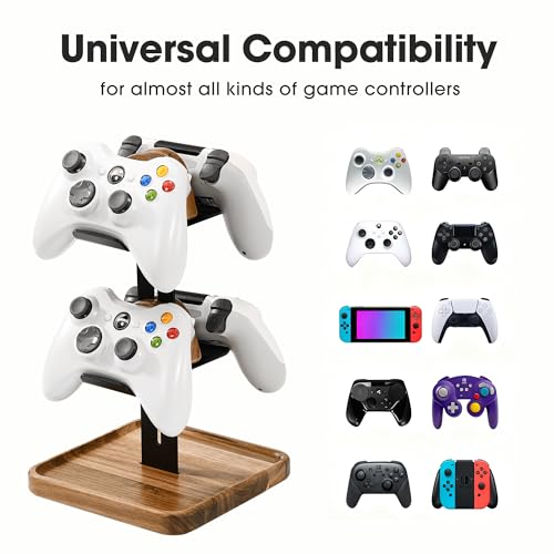 Game Controller Wood Stand for Desk, Adjustable 2 Tiers Game Controller Holder for PS/Xbox/Switch/Nintendo,Dual Tiers Controller Holder On The Desk,Solid Wood,4-in-1 Black